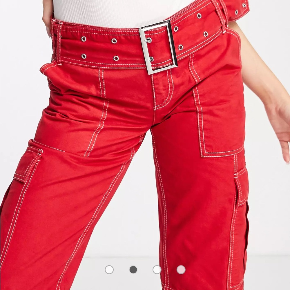 Red Belted Combat Flare Pants w contrasting stitch